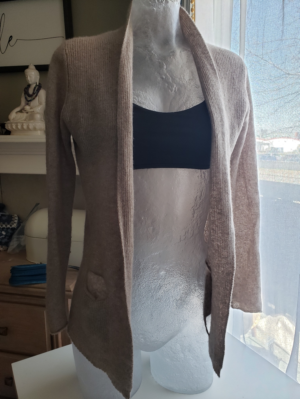 White + Warren 100% Cashmere Women's Open-Front Cream Knit Cardigan